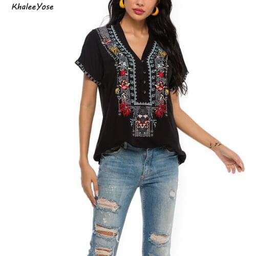 KHALEE YOSE Boho Floral Embroidery Blouses 100% Cotton Mexican Spring Long Sleeve Shirt Plus Size Lace Tie Up 3xl Ethnic Shirt