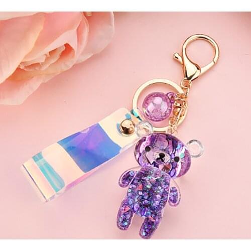 In Oil Glitter Liquid Bear Keyring Quicksand Keychain Acrylic Floating Teddy bear Key Fob Women Couples Men Jewelry Gifts