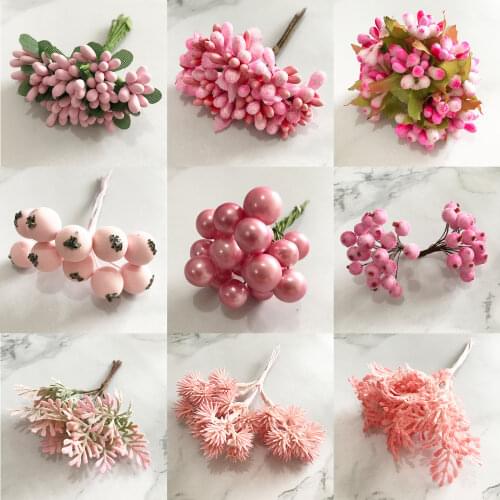 6/8/10/12/24/200pcs Pink Hybrid Flower Cherry Stamen Berries Bundle DIY Cake Christmas Wedding Gift Box Wreaths Decor