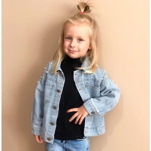 Girls Pearl Jeans Jackets Autumn Spring Kids Fashion Cardigan Denim Coats 3-7Y Children Fashion Clothes Baby Girl Casual Outfits
