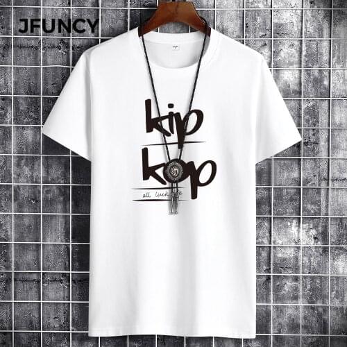 JFUNCY Cotton Men T-Shirts Summer Oversized T-Shirt Fashion Letter Printing Student Short-Sleeved Loose Comfortable Men Tops