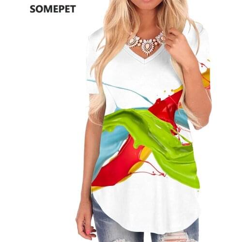 SOMEPET Colorful T Shirt Women Abstract V-neck Tshirt Creativity T-shirts 3d Art Shirt Print Womens Clothing Hip hop Printed