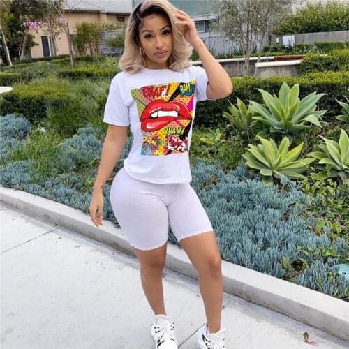 2020 Women Colorful Lips Printed 2PCS Yoga Gym Short Sleeve T Shirt Tops Biker Workout High Waist Shorts Tracksuit Sports Outfit