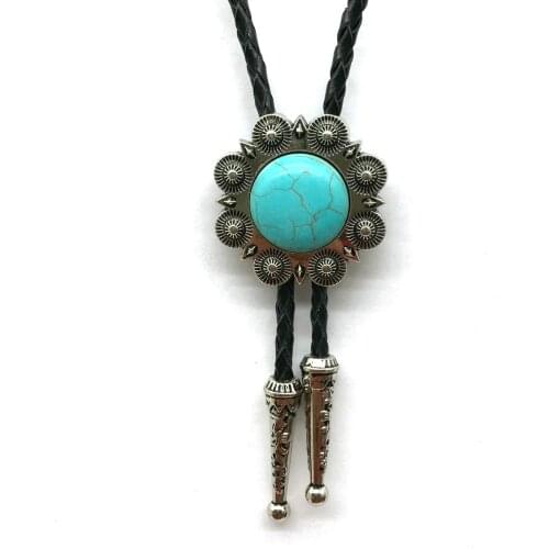 Round shape turquoise bolo tie for men western cowboy for man slides set clasp necktie