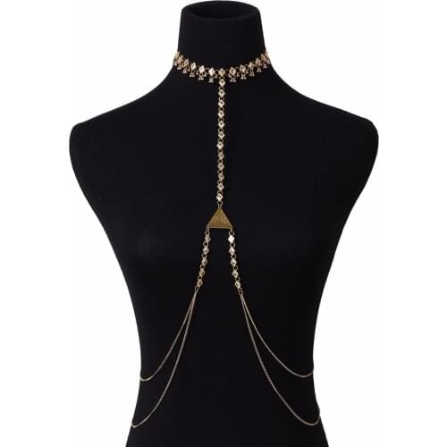 Multi Layer Beach Bodychain Triangle Tassel Beaded Chain Necklace Women Sexy Vintage Wedding Bridal Body Jewelry