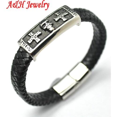 High Quality Stainless Steel Prayer Cross And Skull Heads Plate Fashion Genuine Leather Bracelets & Bangles For Men