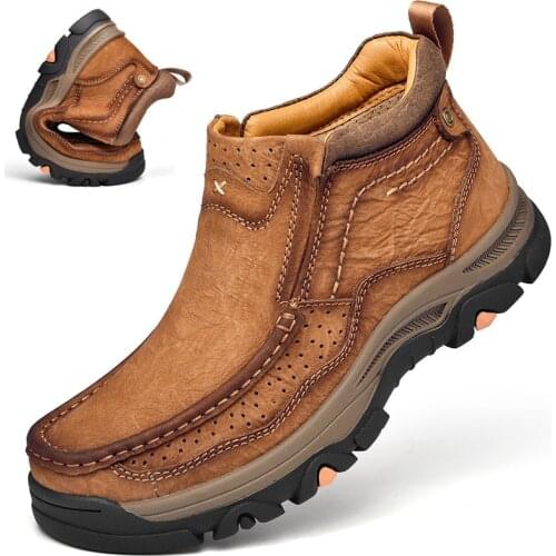 High Quality Mens Boots Climbing Outdoor Shoes Natural Leather Motorcycle Boots Slip on Casual Tooling Man Boot Big Size 38-48