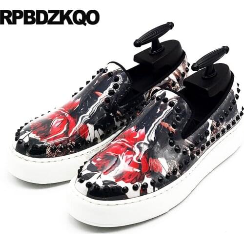 Stud Summer Men Creepers Animal Print Rivet Loafers Printed Floral Vintage Shoes Large Size Platform Flower New Genuine Leather