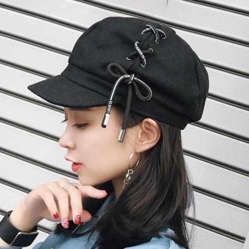 Newly Autumn Winter Artist Hat For Women Girls Korea Version Vintage Retro Beret with Shoeslace Newsboy Cap Octagonal Hat