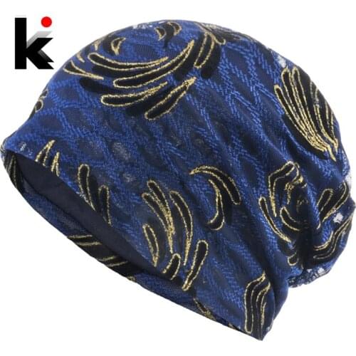 Sprint Beanie Ladies Gold Thread Embroidery Hats Women Summer Thin Breathable Bonnet Female Solid Color Skullies Beanies Hat