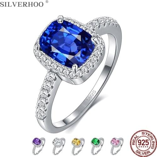 SILVERHOO 6 Colors Silver Rings Emerald Gemstone Cubic Zirconia Rings For Women Wedding Party Ring 925 Sterling Silver Jewelry