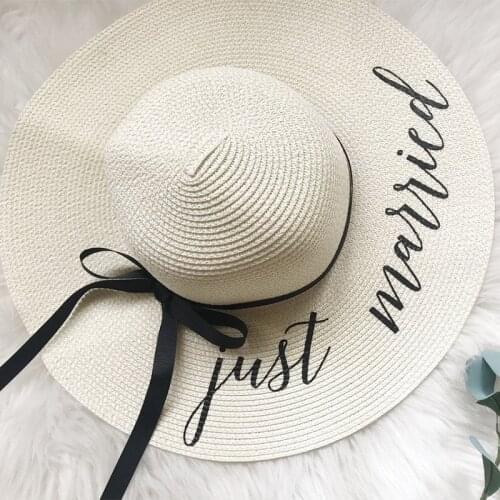 Just married honeymoon Travel Vacation bride wife pool garden beach floppy hat wedding bridal shower gift present Photo props