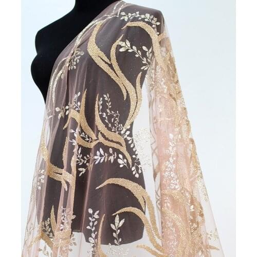 Rose Gold African George High Quality Dress Material Heavy Beaded Lace Glitter Tulle Fabric for Women Wedding Gown Floral Trims