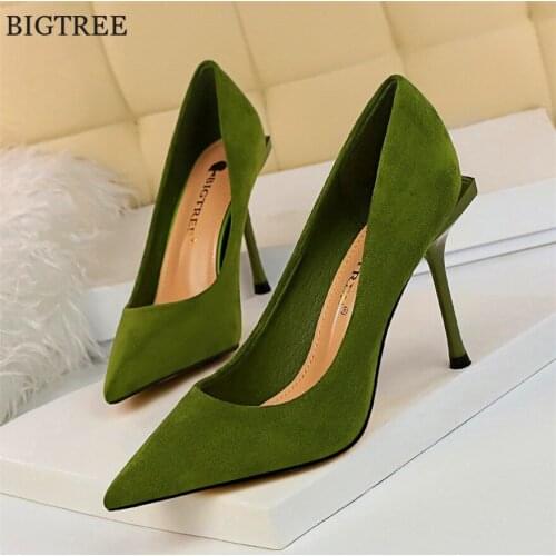 Female Pumps Green Shallow Women Shoes Fashion Office Wedding Party Shoes Flock Pointed Toe Ladies High Heels Shoes Woman Autumn