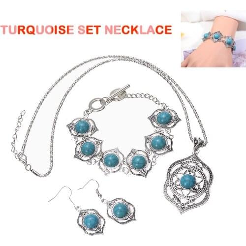 Vintage Hollow Geometric Jewelry Set Natural Green Stone Necklace Earring Bracelet Silver Color Metal Jewelry Female Banquet