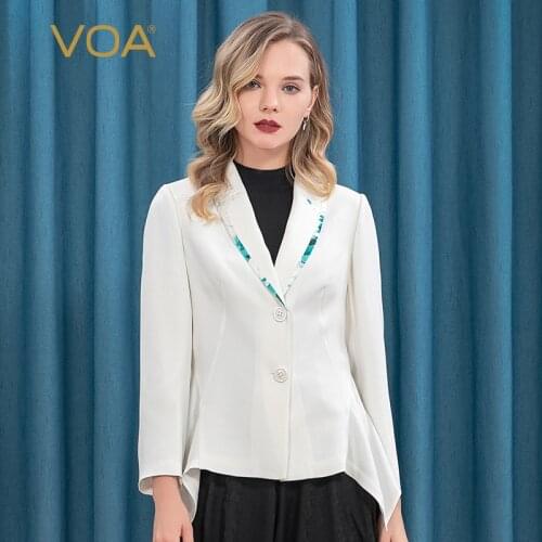 VOA 30m/m Milk White Heavyweight Silk Olive Collar Jacquard Stitching Single Row Two Buttons Long Sleeve Crisp Woman Coat WE36