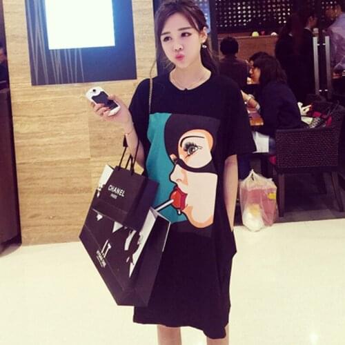 New loose large size cartoon print casual fashion split pocket short sleeve female long section thin student t-shirt