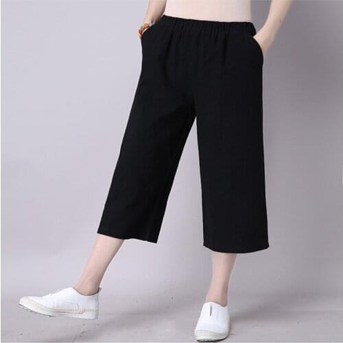 2020 Womens Elastic Waist Casual Calf Length Pants Fashion Solid Loose Wide Leg Pants Plus Size 6XL 7XL Summer Slim Women Pants