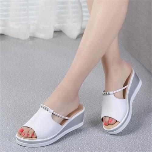 NEW Women Slipper Sandals Heels Wedges Platform Leather Peep toe Crystal Elegant Female Sandals Ladies Mules clogs Summer Shoes