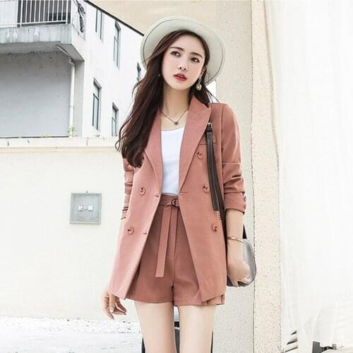 2021 New Casual 2 Pieces Set Fashion Short Suits Notched Collar Blazer Jacket &Sashes Shorts Women Pant Suits Wear to Work Suits