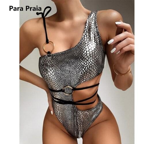 Para Praia Bandage One Piece Swimsuit Silver One Shoulder Monikini Beachwear Cut Out Swimwear Women Sexy Bathing Suit Bodysuit