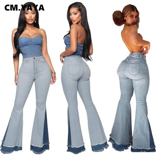CM.YAYA aumunter winter patchwork womens Jeans casual fashion Full length Wide leg denim pants Light Flared jeans