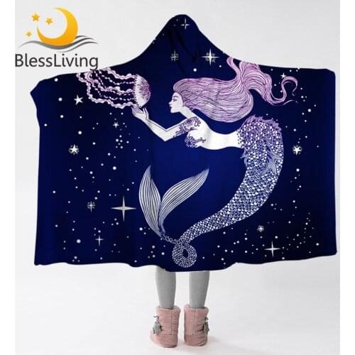 Blessliving Mermaid Hooded Blanket for Girls Blue Microfiber Sherpa Fleece Galaxy Wearable Throw Blanket Marine Creature Bedding