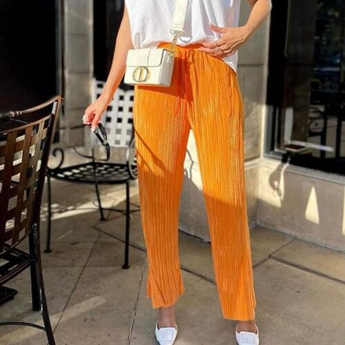 Summer Wide Leg Pants for Women Casual Elastic High Waist 2021 New Fashion Loose Long Pants Pleated Pant Trousers Femme