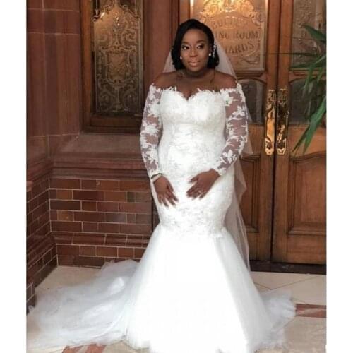 Plus size Cheap Wedding Dresses 2023 Mermaid Off shoulder Lace Long Sleeves African Designer Lace Tulle Backless Wedding Gowns