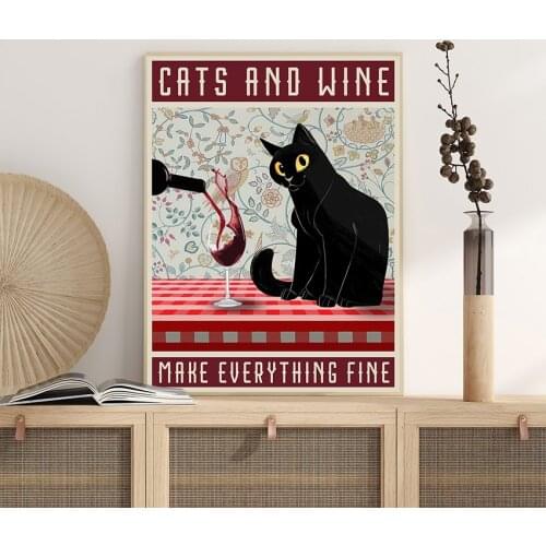 Home Decoration Black Cat Wine Canvas Painting Wall Art Hd Prints Animal Pictures Modular Retro Poster Framework For Living Room