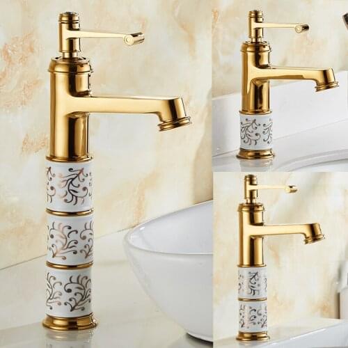 European Basin Sink Faucet Zirconium Gold Single Hole Faucet Single Handle Brass Blue And White Porcelain Deck Mounted Bathroom