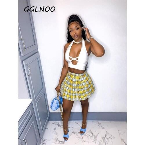 GGLNOO 2021 Summer Dress Suit Sexy Fashion Plaid Pleated Skirt Two-Piece Suit Vest + Skirt lLounge Tennis Sporty Women Set
