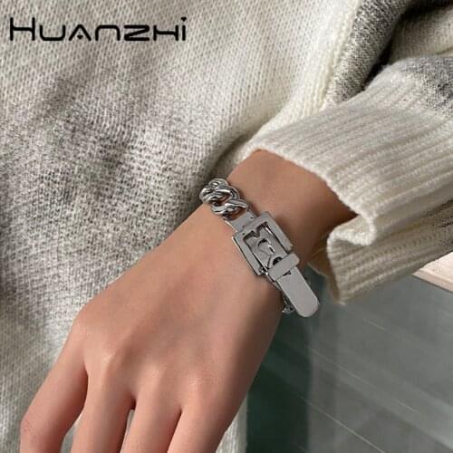 HZ New Individuality Punk Trendy Silver Color Chain Belt Buckle Alloy Couple Wrist Bracelet for Women Men Unisex Party Jewelry