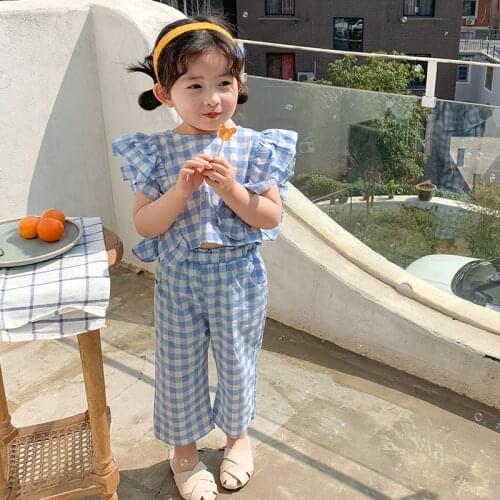 Summer Toddler Girls Sets Fashion Korean Plaid Ruffle Sleeveless Top Pants 2pcs Kids Clothing 2 3 4 5 6 Years Child Suits 2020