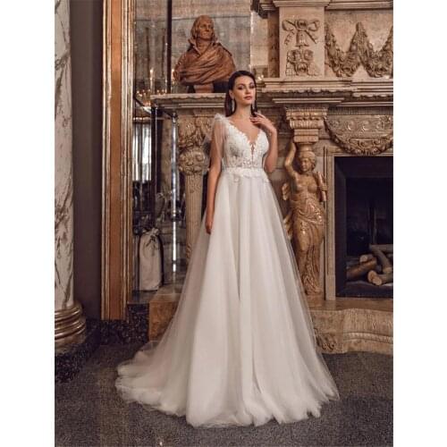 Appliques Lace Boho Wedding Dresses A Line Ivory White Tulle Bridal Gown Princess Bride Wedding Gowns Plus Size Marriage Dress