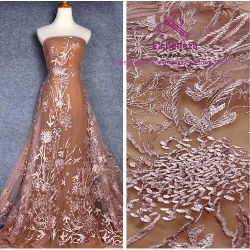 La Belleza 2018 new fashion design lace fabric dirty pink/black/off white/Navy polyester on mesh embroidery lace fabric 1 yard
