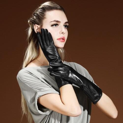 Winter Solid Black Genuine Leather Women Gloves 32cm Fashion long Sheepskin Glove Warm Thermal Lambskin Casual Gloves
