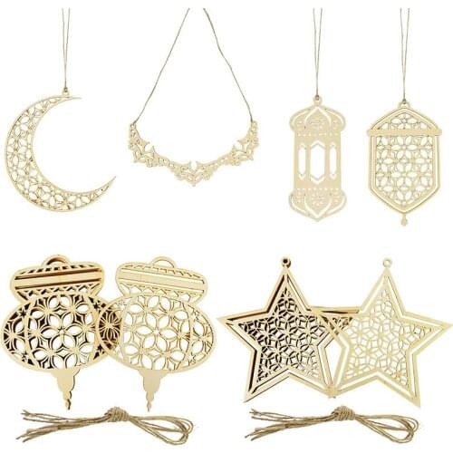 3Pcs Ramadan Wooden Hollow Hanging Ornaments Eid Mubarak Star Moon Plaque Islam Muslim Party Kareem Pendant With Rope Decoration