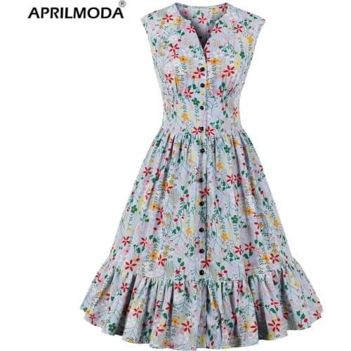 Plus Size Women Floral Summer Dress Ruffle V Neck High Waist Retro 50s 60s Audrey Hepburn Vintage Dress Party Vestidos Robe 4XL