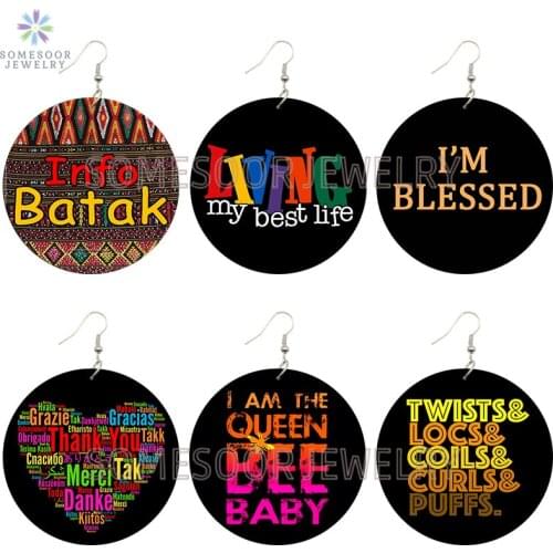 SOMESOOR Twists Locs Curls Blessed Queen Bee Wooden Drop Earrings Loops Dangle Jewelry Print Black Inspire Words For Women Gift