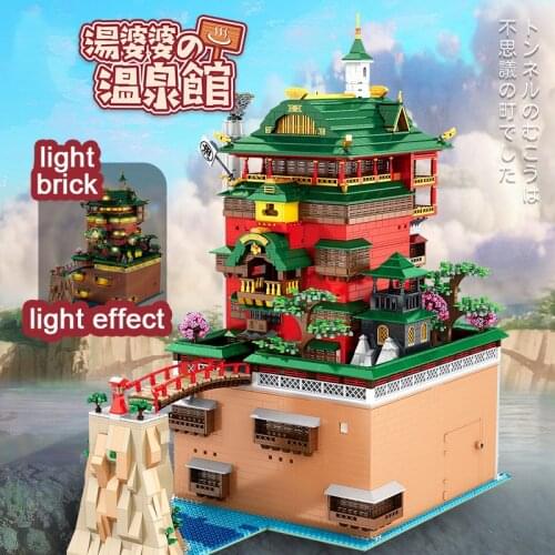 Light Version 6876PCS The Tang Po Po Hot Spring House Model Building Blocks Creator City Street View Bricks Children Toys Gifts