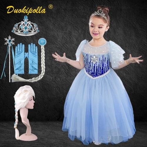 High Quality Snow Queen Girls Elsa Dress Evening Party Tulle Flutter Sleeve Dresses Light Blue Pink Princess Costume Halloween