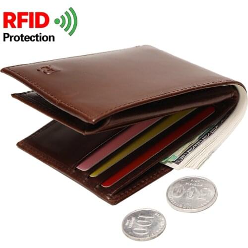 RFID Proof Mens Theft Protection Genuine Leather Wallets Male Short Wallet Coin Purse Money Clip Note Pack Card Holder Casual