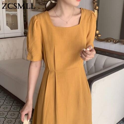 ZCSMLL Korean Summer Slimming Square Collar Vestido Pleated Lace-up Waist Short-sleeved loose Dress Women 2021 Tide