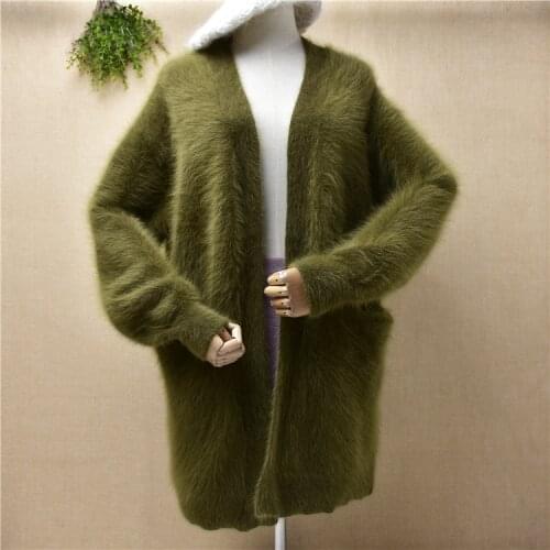 Female women hairy plush green mink cashmere autumn winter long sleeves loose cardigan mantle angora fur jacket coat sweater top