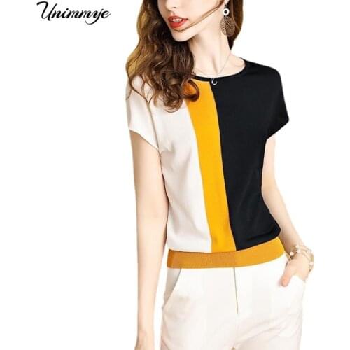 Tops Women 2020 Summer Knitted T-shirt Short Sleeve Bat Shirt Stitching Color Loose Vintage Oversized T Shirt Femme Korean Style