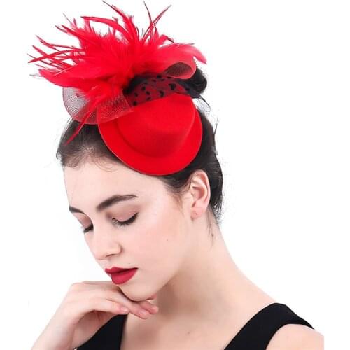 Red Show Hair Accessories Married Millinery Ladies Elegant Party Top Hats Hair Clips Red Fascinator Headbands Flowers Feather