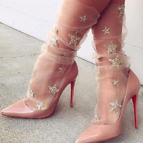 Women Kawaii Korean Style 2021 New Arrival Streetwear Socks Funny Socks Transparent New Glitter Mesh Sequin Stars