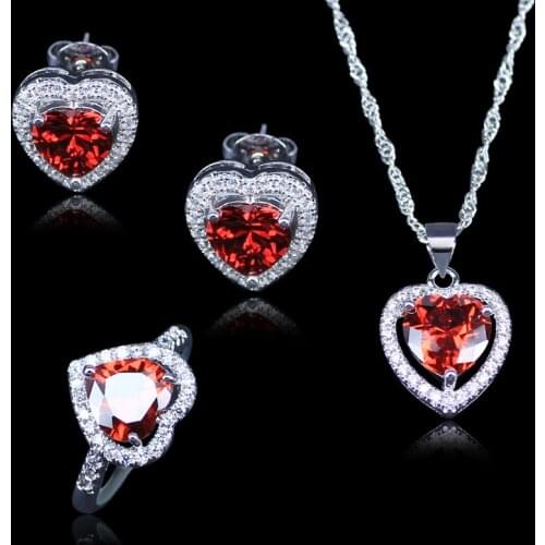 Best Wedding Jewelry For Women/Lady Red Heart Created Garnet White Zircon Silver Color Jewelry Sets earrings Rings
