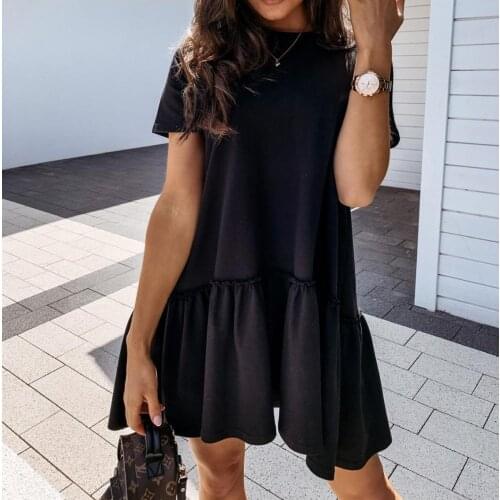 Women Asymmetrical Short Sleeve Ruffles Dress 2020 Summer Sexy Solid Round Neck Pleated Casual Mini Holiday Beach Dress Sundress